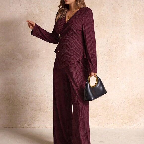 Burgundy Casual Women's Asymmetrical Slit Pants Suit - Picture 5 of 6